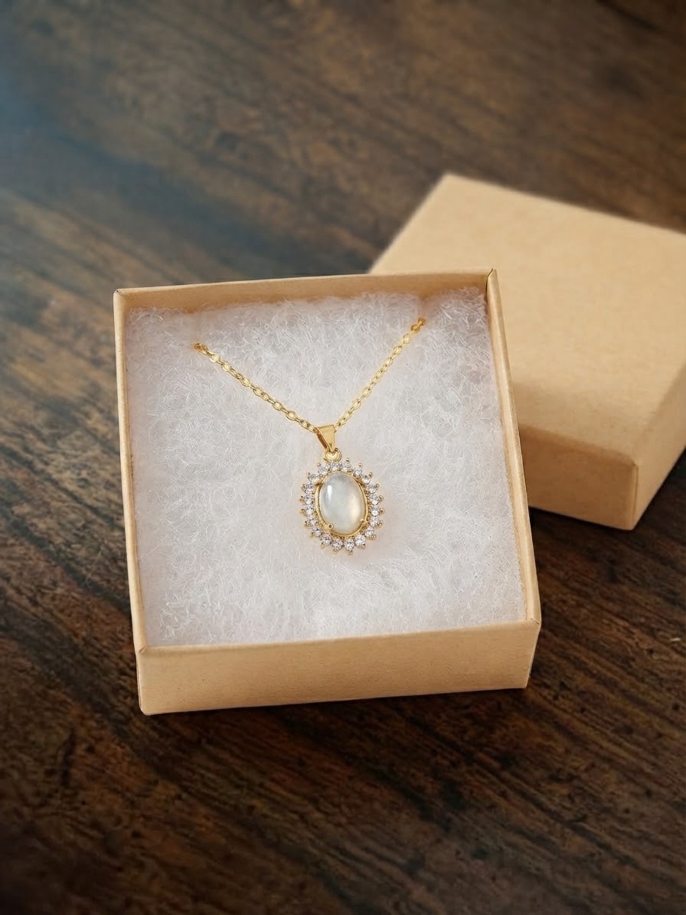 Gold Moonstone Halo Pendant Necklace - Women Jewelry